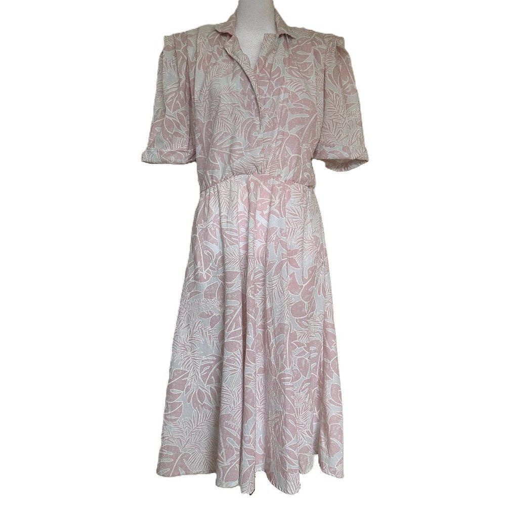 Vintage Short Sleeve Collared Shirt Dress Pink Tropical Size S 1950s Shirtwaist